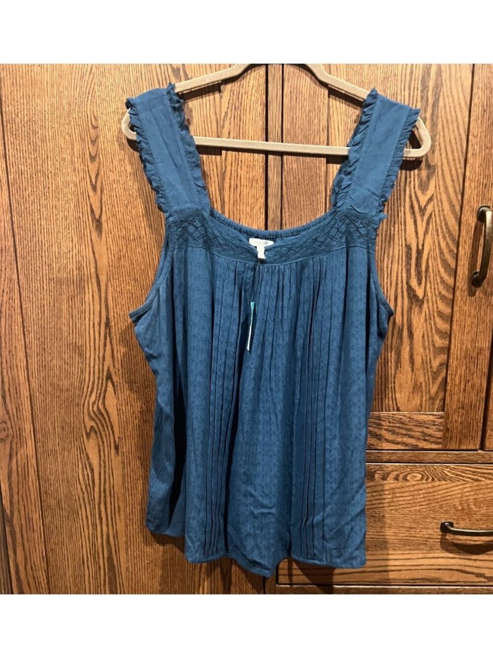 Maurices Womens 1X Blue Sleeveless Top With Lace Accents & Frayed Straps 100% Ra